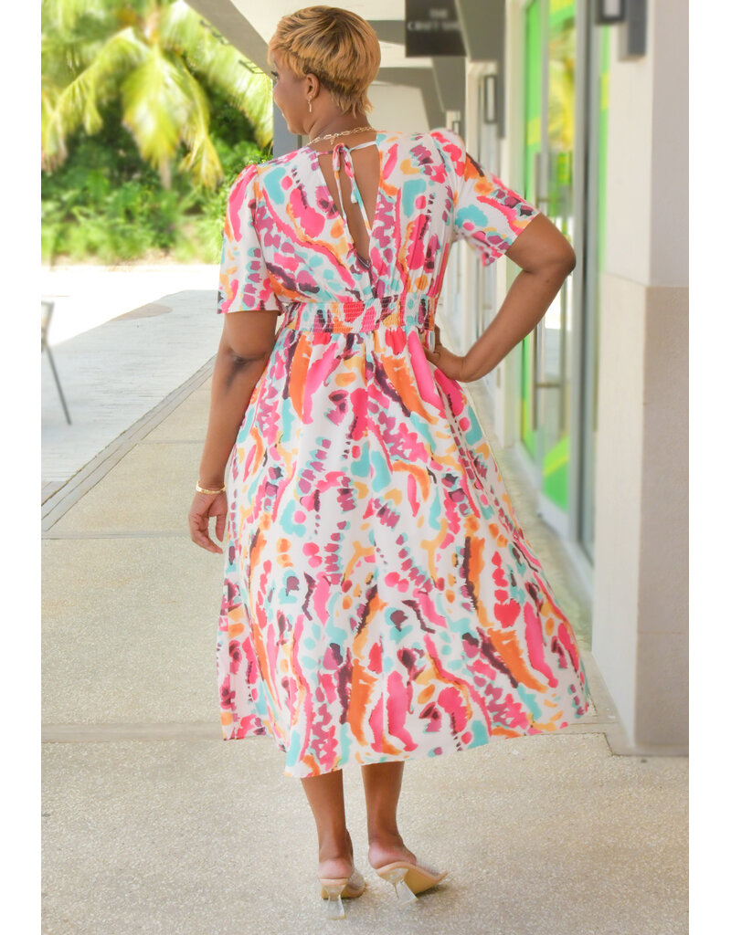 GETS KRITA- Printed Elastic Waist Dress with V Neck