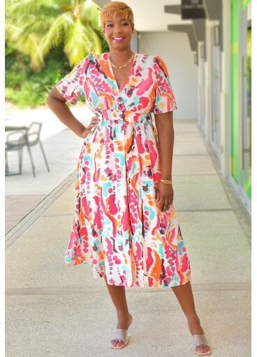 GETS KRITA- Printed Elastic Waist Dress with V Neck