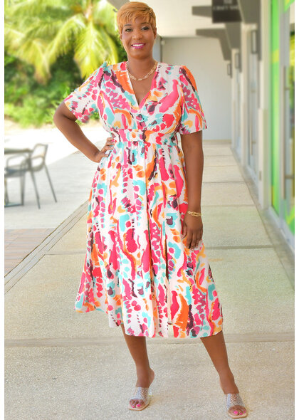 GETS KRITA- Printed Elastic Waist Dress with V Neck