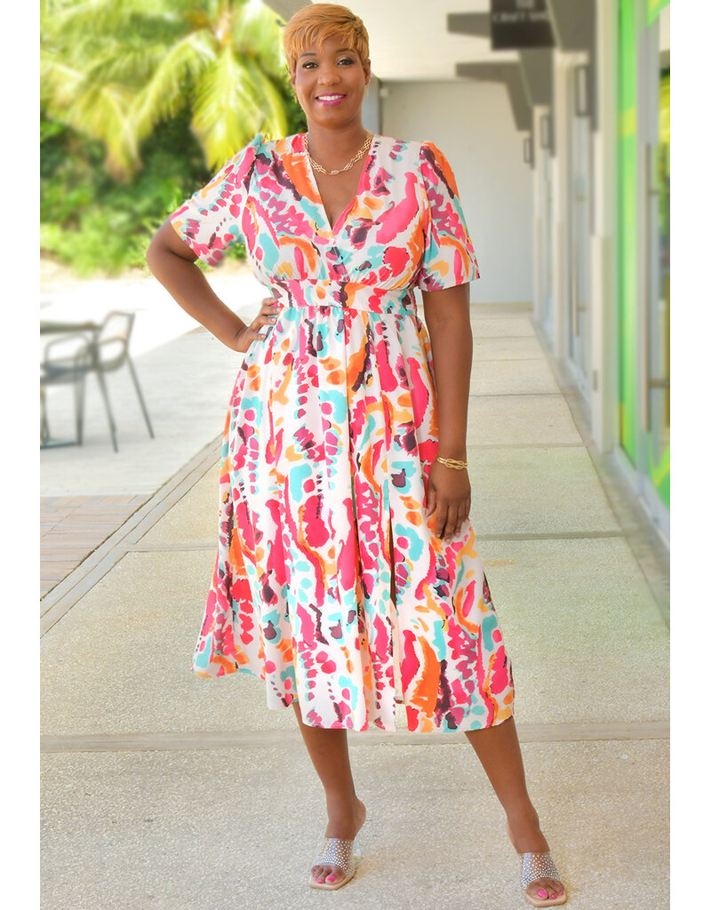 GETS KRITA- Printed Elastic Waist Dress with V Neck