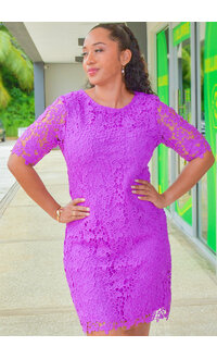 Nina Leonard CARRIE- Short Sleeve Round Neck Crochet Dress