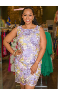 Nina Leonard MAYLA- Armhole Round Neck Dress with Embroidery