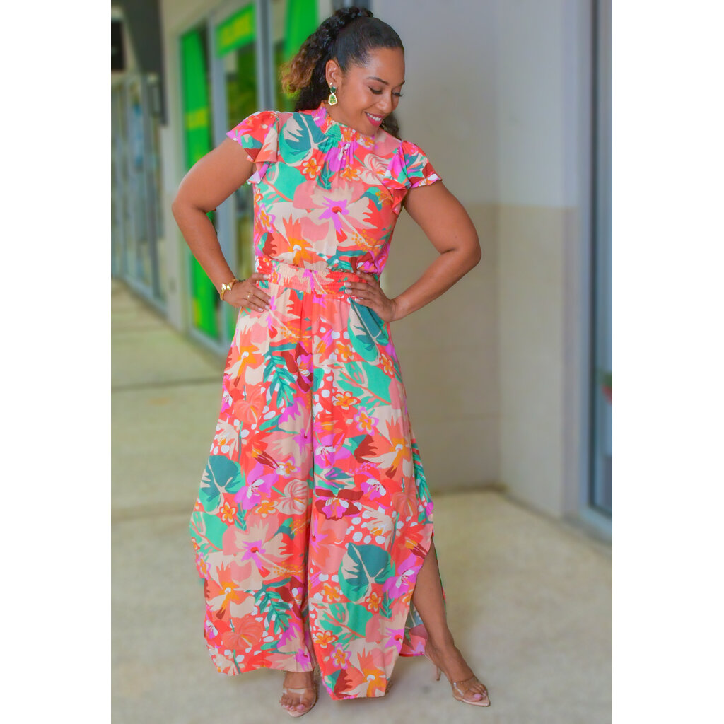 KEMUEL- Floral Elastic Neck Jumper with Frill Sleeves