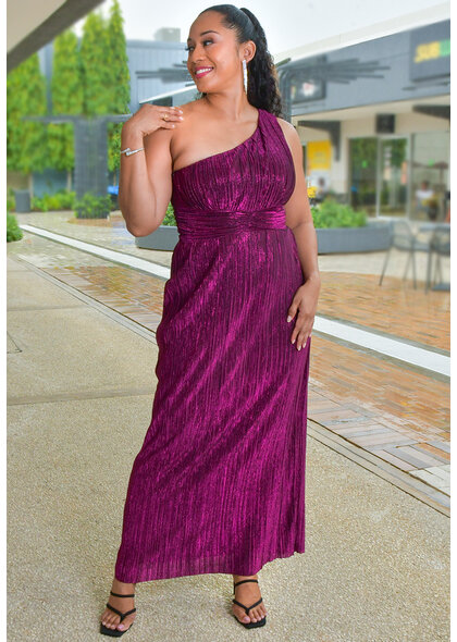 YARSON- Long One Shoulder Dress with Shimmer