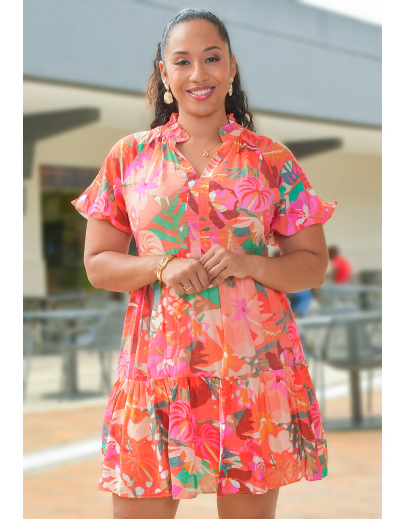 MSK KUMERI- Floral Frill Neck Puff Sleeve Dress