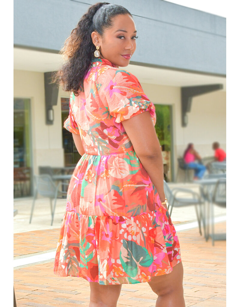 MSK KUMERI- Floral Frill Neck Puff Sleeve Dress