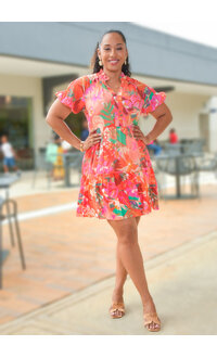 MSK KUMERI- Floral Frill Neck Puff Sleeve Dress