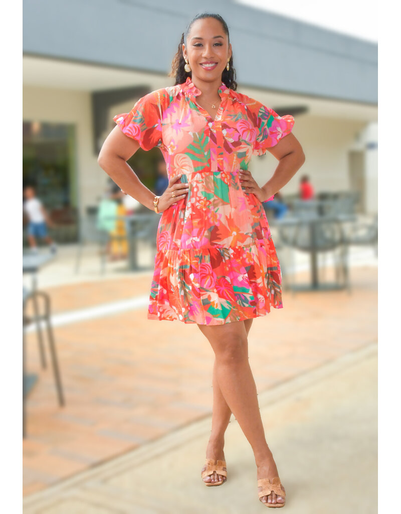 MSK KUMERI- Floral Frill Neck Puff Sleeve Dress