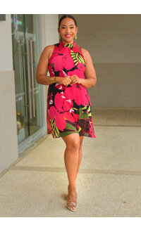 Signature Flavia- Printed Mock Neck Dress with Tie Overlay