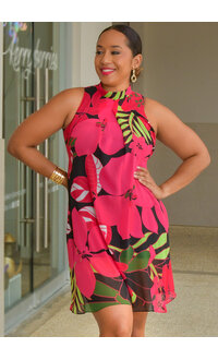 Signature Flavia- Printed Mock Neck Dress with Tie Overlay