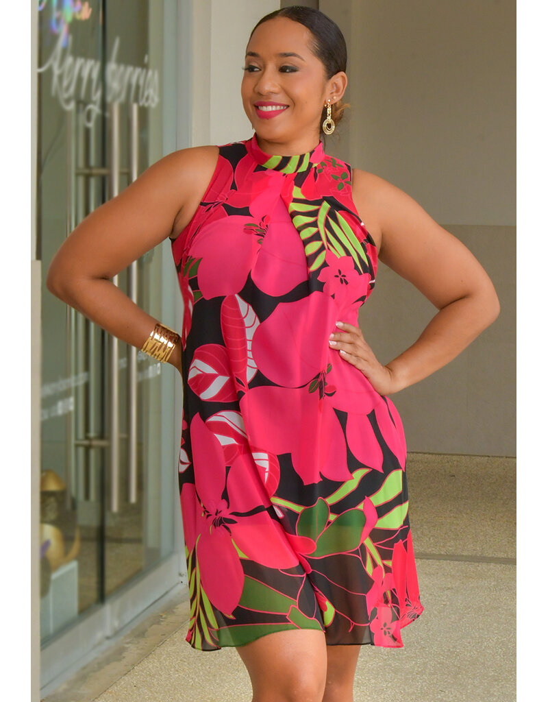 Signature Flavia- Printed Mock Neck Dress with Tie Overlay