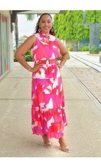 MSK KIRILL-Long Printed Elastic Waist Tie Neck Dress