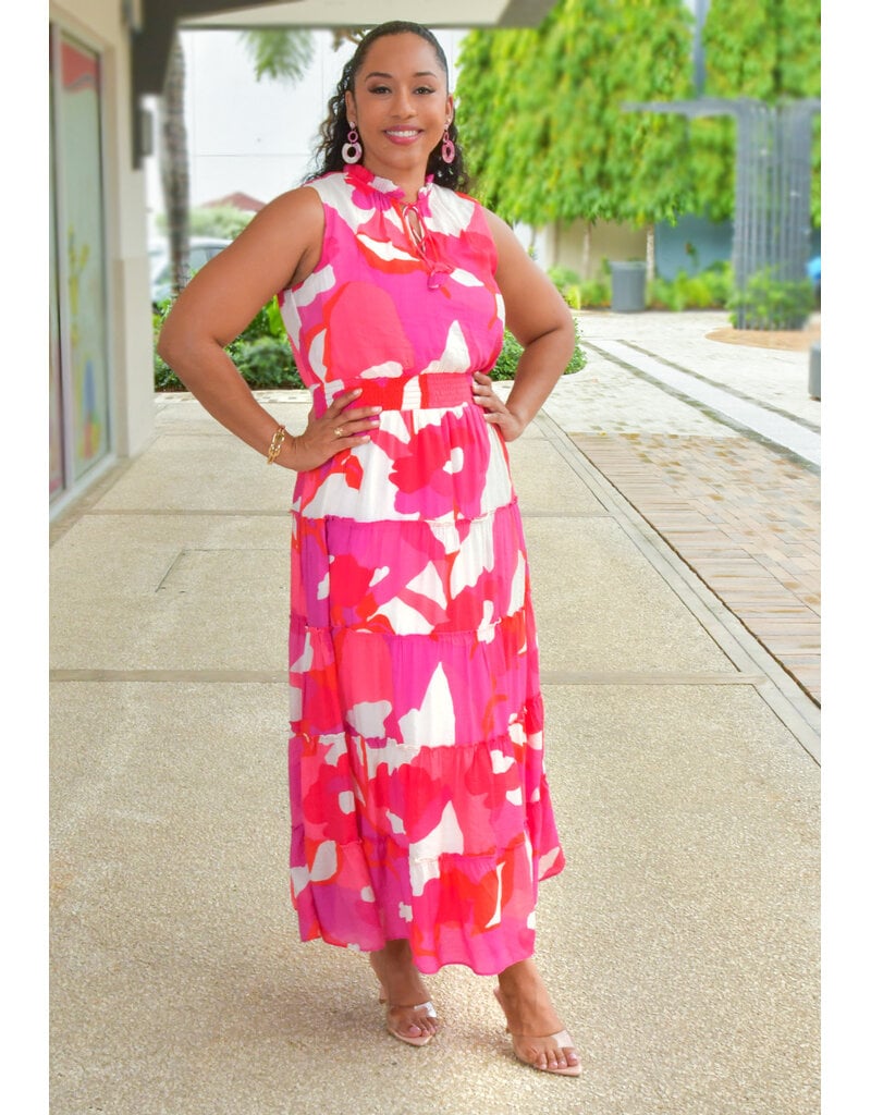 MSK KIRILL-Long Printed Elastic Waist Tie Neck Dress