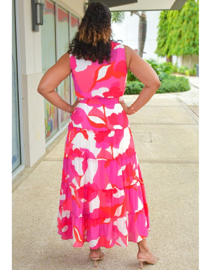 MSK KIRILL-Long Printed Elastic Waist Tie Neck Dress