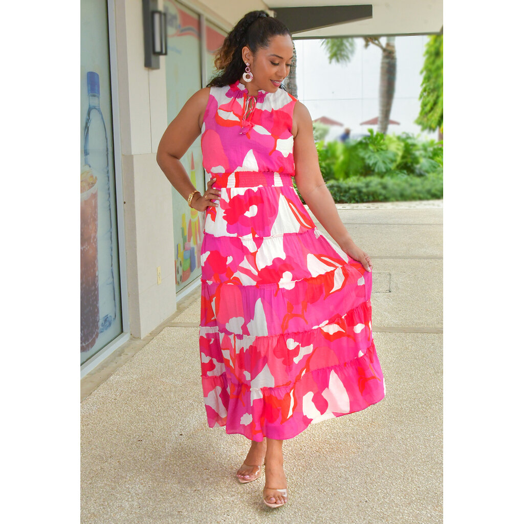 KIRILL-Long Printed Elastic Waist Tie Neck Dress