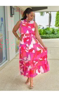 MSK KIRILL-Long Printed Elastic Waist Tie Neck Dress