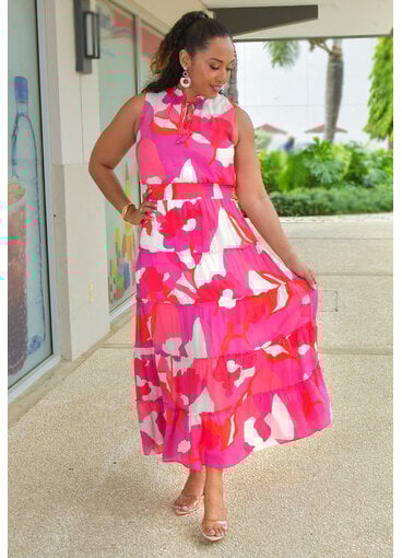 MSK KIRILL-Long Printed Elastic Waist Tie Neck Dress