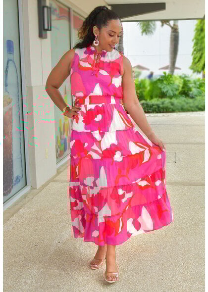 MSK KIRILL-Long Printed Elastic Waist Tie Neck Dress