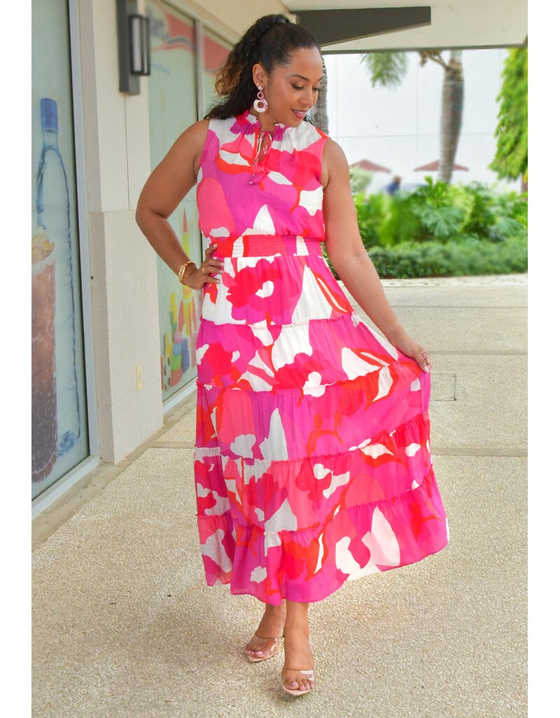 MSK KIRILL-Long Printed Elastic Waist Tie Neck Dress