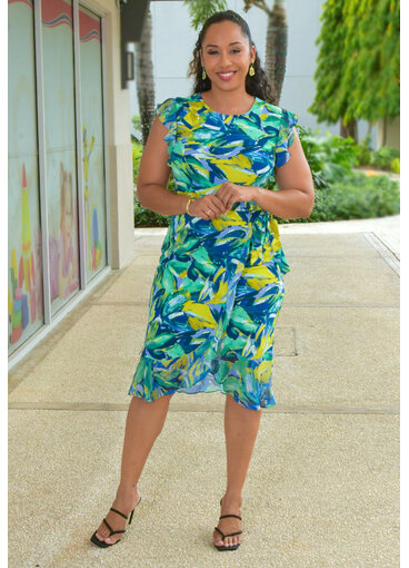 RETTI- Printed Dress with Chiffon Frill Arms