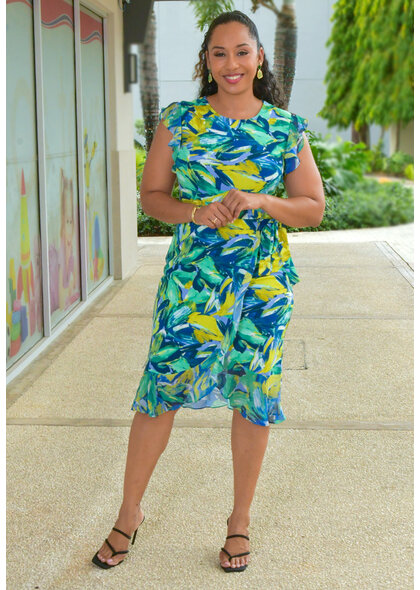 RETTI- Printed Dress with Chiffon Frill Arms