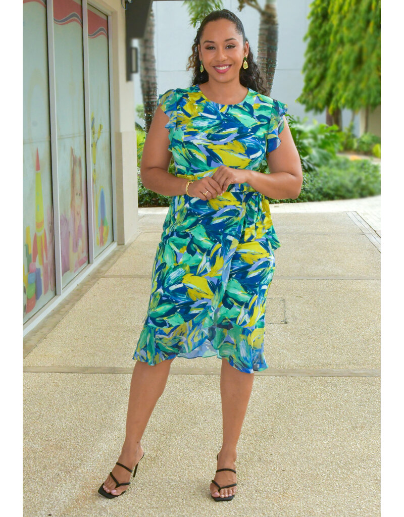 RETTI- Printed Dress with Chiffon Frill Arms