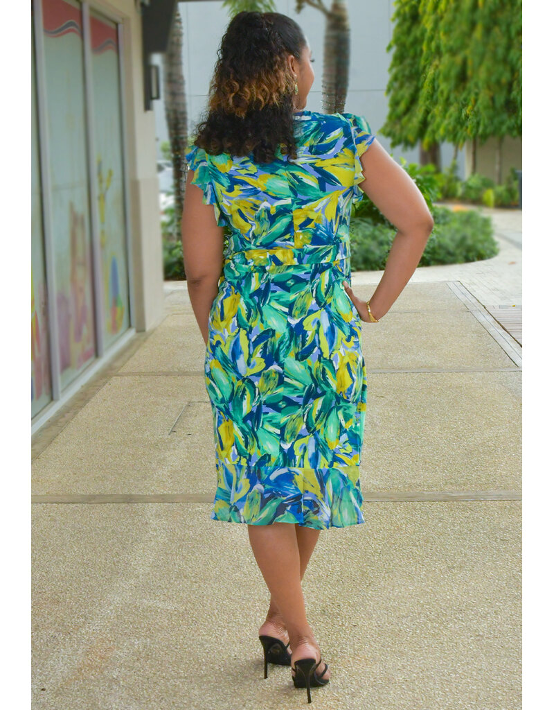 RETTI- Printed Dress with Chiffon Frill Arms