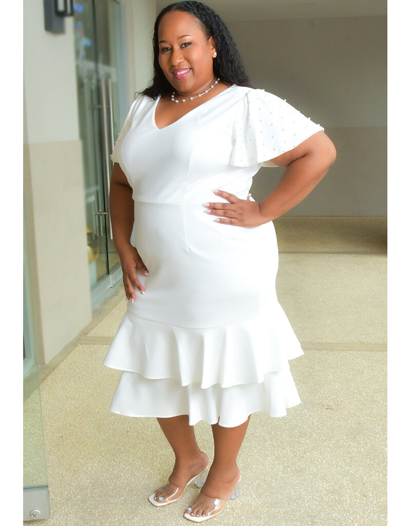 GLAMOUR REVI- Plus Size Solid Dress with Pearls on Sleeves
