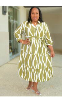 MLLE Gabrielle KNAPMAN-Geo Print Button Down Dress with Band