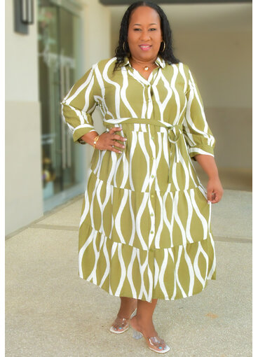 MLLE Gabrielle KNAPMAN-Geo Print Button Down Dress with Band