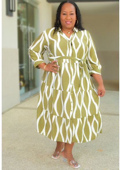 MLLE Gabrielle KNAPMAN-Geo Print Button Down Dress with Band