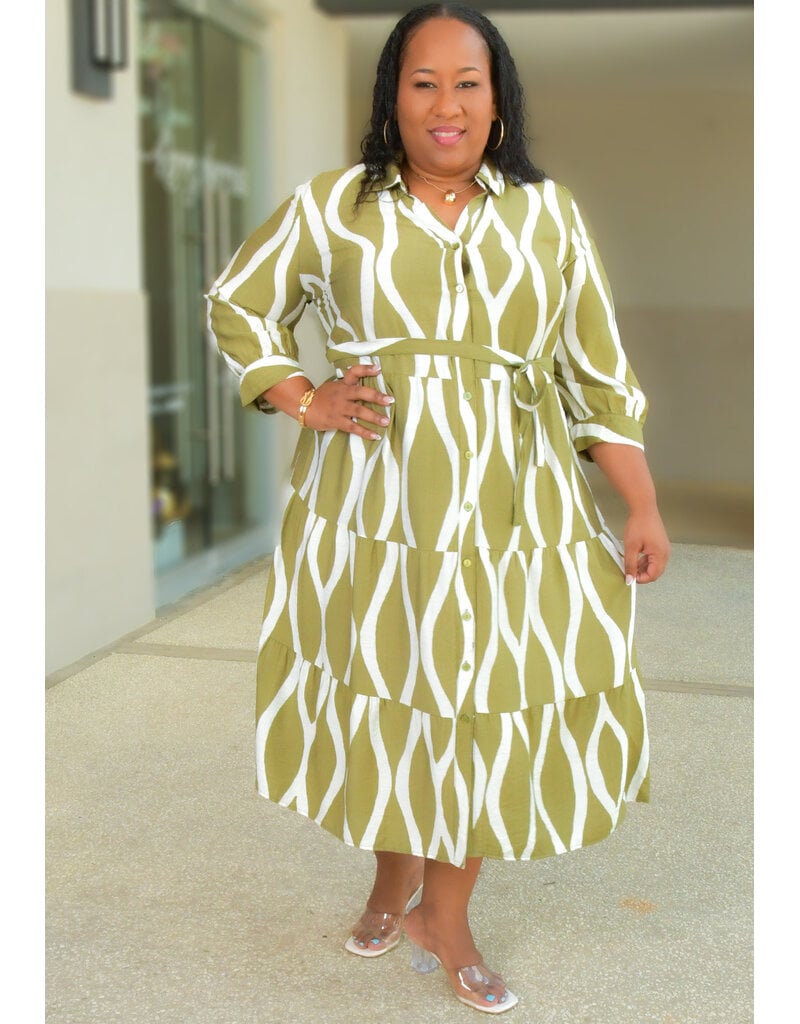 MLLE Gabrielle KNAPMAN-Geo Print Button Down Dress with Band