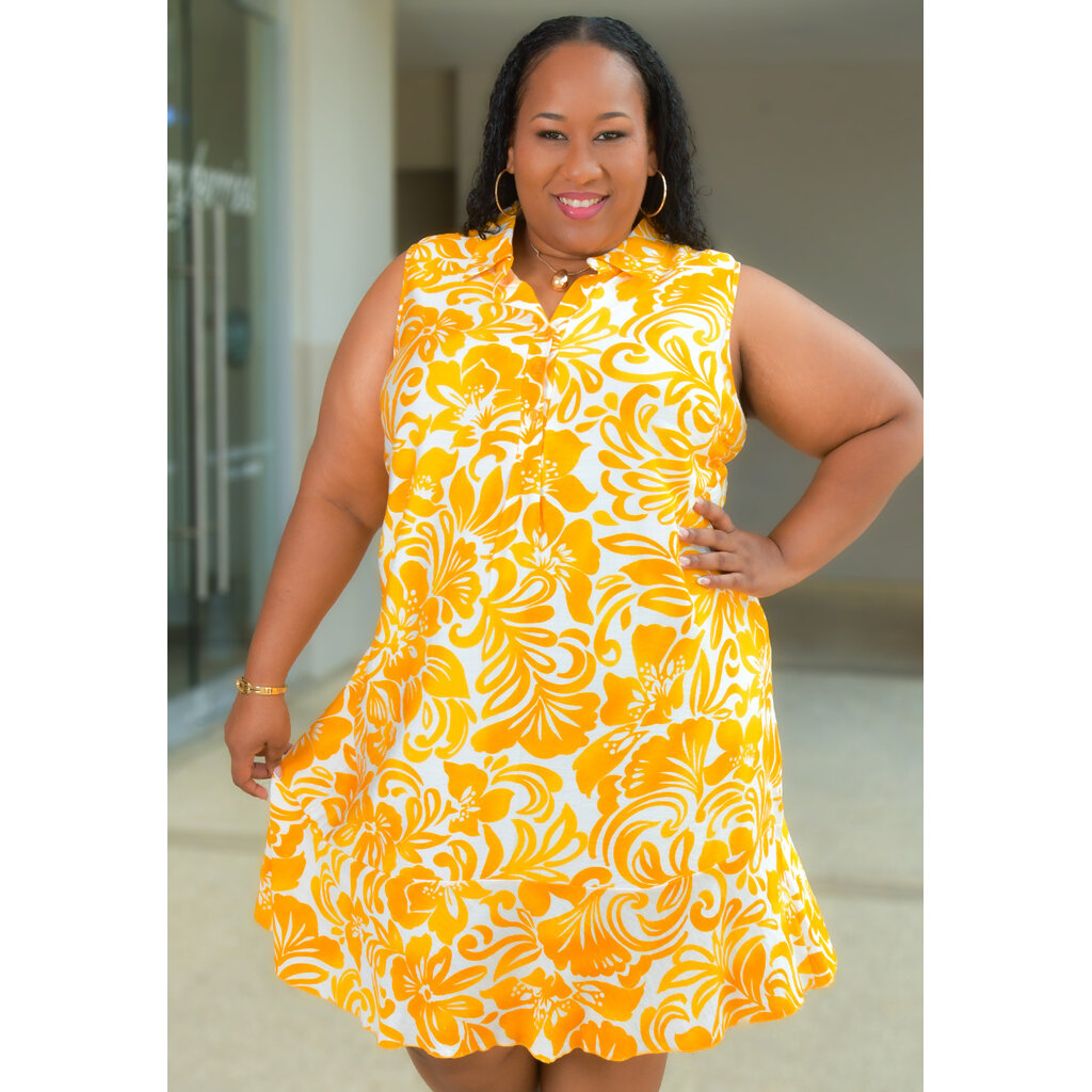 KLASIA- Plus Size Printed Armhole Dress with Collar
