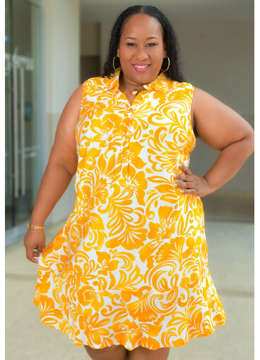 MLLE Gabrielle KLASIA- Plus Size Printed Armhole Dress with Collar