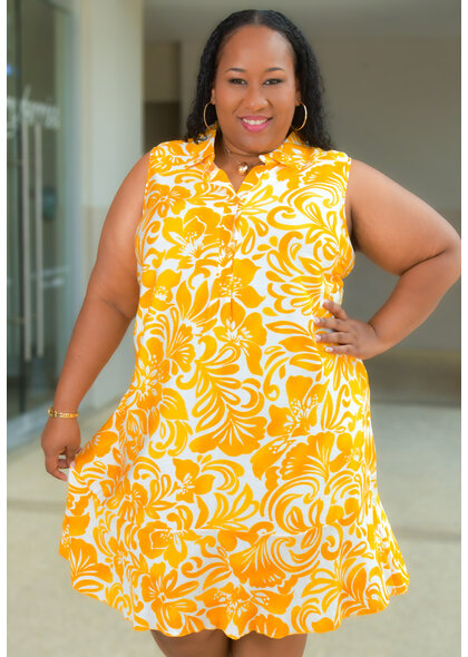 MLLE Gabrielle KLASIA- Plus Size Printed Armhole Dress with Collar