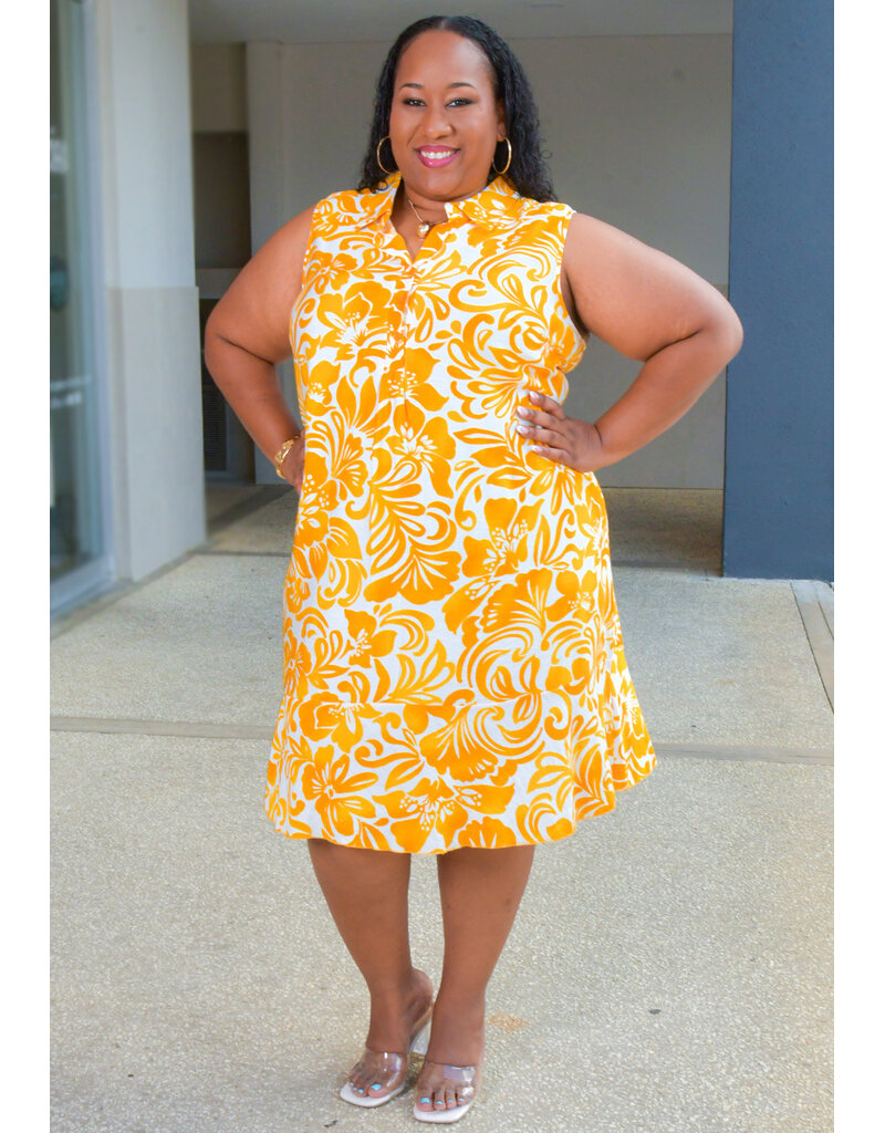 MLLE Gabrielle KLASIA- Plus Size Printed Armhole Dress with Collar