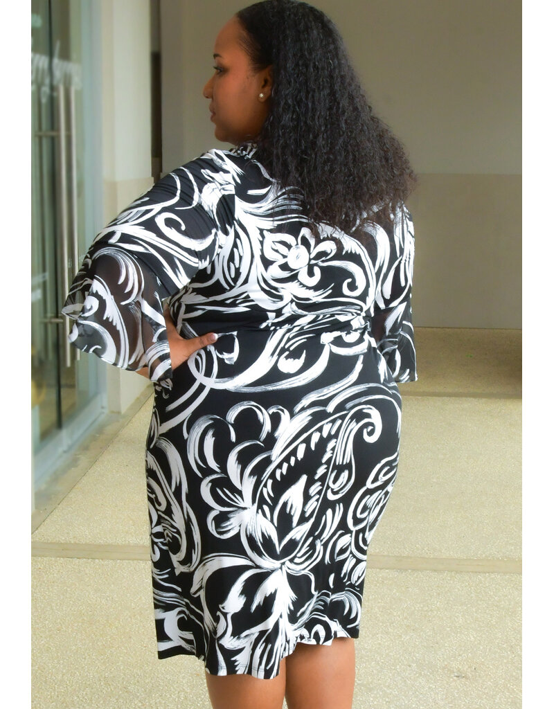 IHEEM- Plus Size Printed Wrap Dress with 3/4 Trumpet Sleeve