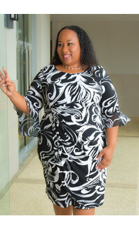 IHEEM- Plus Size Printed Wrap Dress with 3/4 Trumpet Sleeve