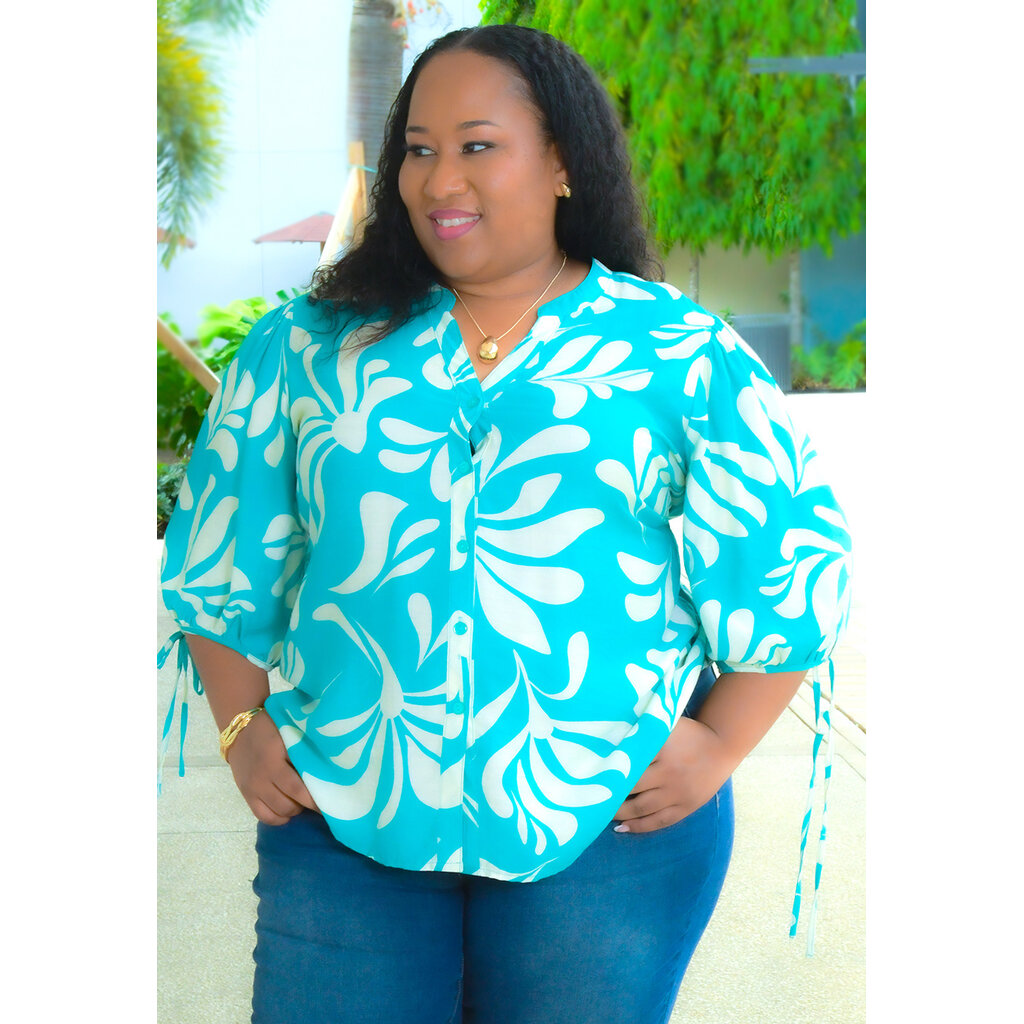 VUAD-Plus Size Printed Split Neck Top with Tie