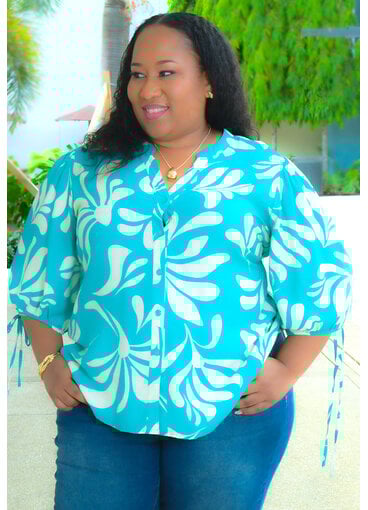 MLLE Gabrielle VUAD-Plus Size Printed Split Neck Top with Tie