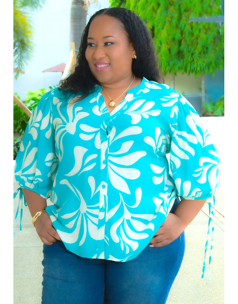 MLLE Gabrielle VUAD-Plus Size Printed Split Neck Top with Tie