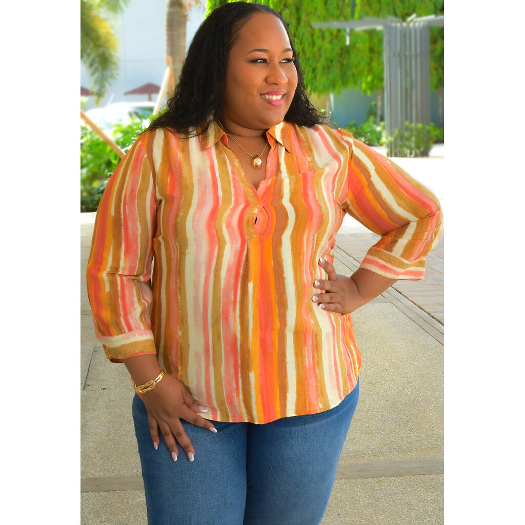 VIDIH-Plus Size Stripe V-Neck Collar