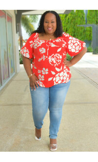 MLLE Gabrielle VEEKSHA- Plus Size Printed Tie Neck Puff Sleeve Top