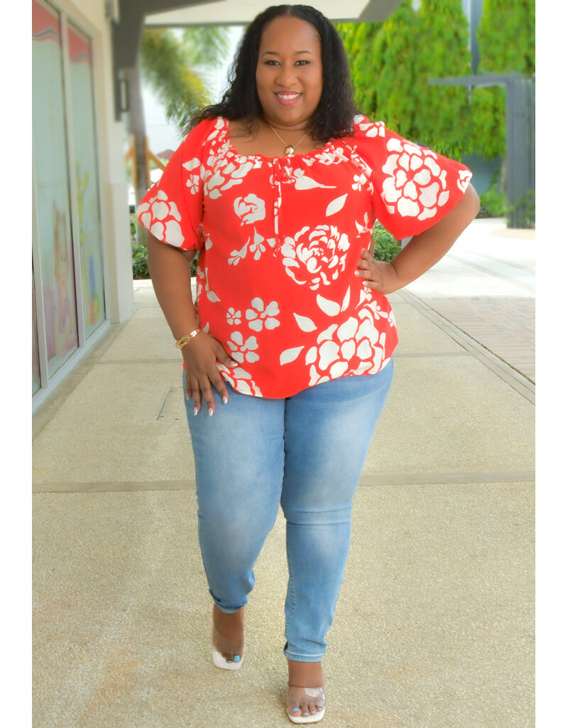 MLLE Gabrielle VEEKSHA- Plus Size Printed Tie Neck Puff Sleeve Top