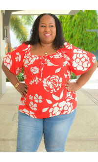 MLLE Gabrielle VEEKSHA- Plus Size Printed Tie Neck Puff Sleeve Top