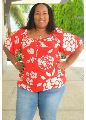 MLLE Gabrielle VEEKSHA- Plus Size Printed Tie Neck Puff Sleeve Top