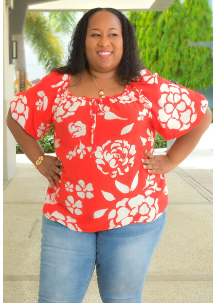 MLLE Gabrielle VEEKSHA- Plus Size Printed Tie Neck Puff Sleeve Top
