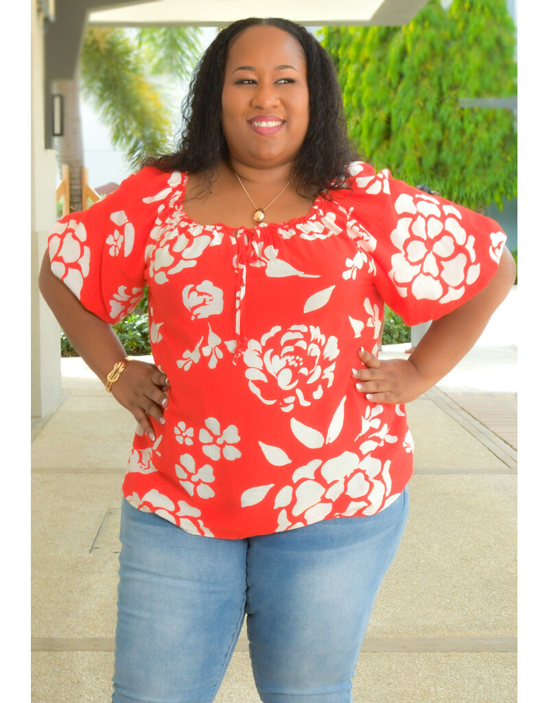 MLLE Gabrielle VEEKSHA- Plus Size Printed Tie Neck Puff Sleeve Top