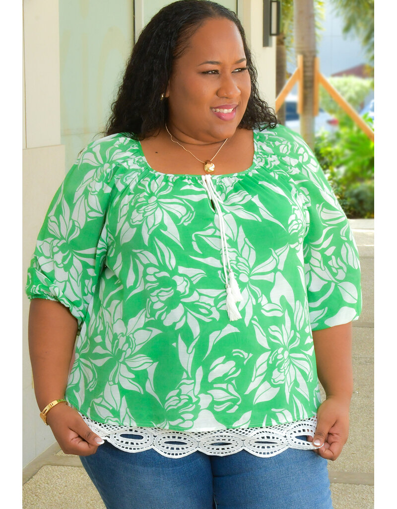 MLLE Gabrielle VEDHA- Plus Size Tie Neck Crochet Hem Top