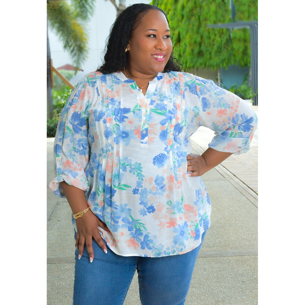 VASILY-Plus Size Floral Top with Split Neck